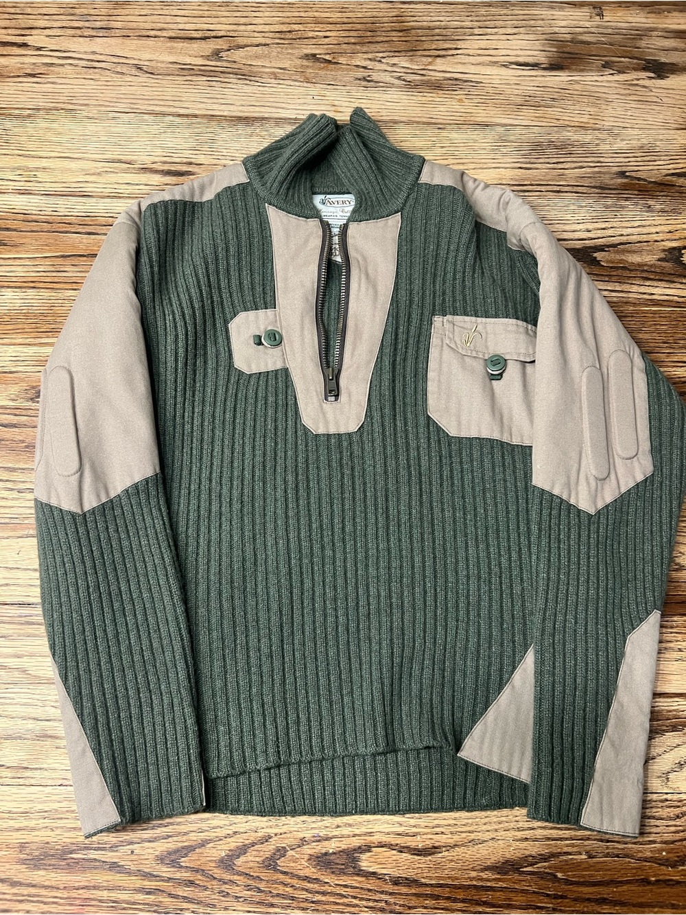 Avery Olive Green Ribbed Half-Zip Sweater with Tan Panels Heritage Collection